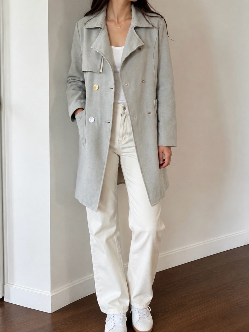 Vintage Light Gray Trench Coat - Women Size S